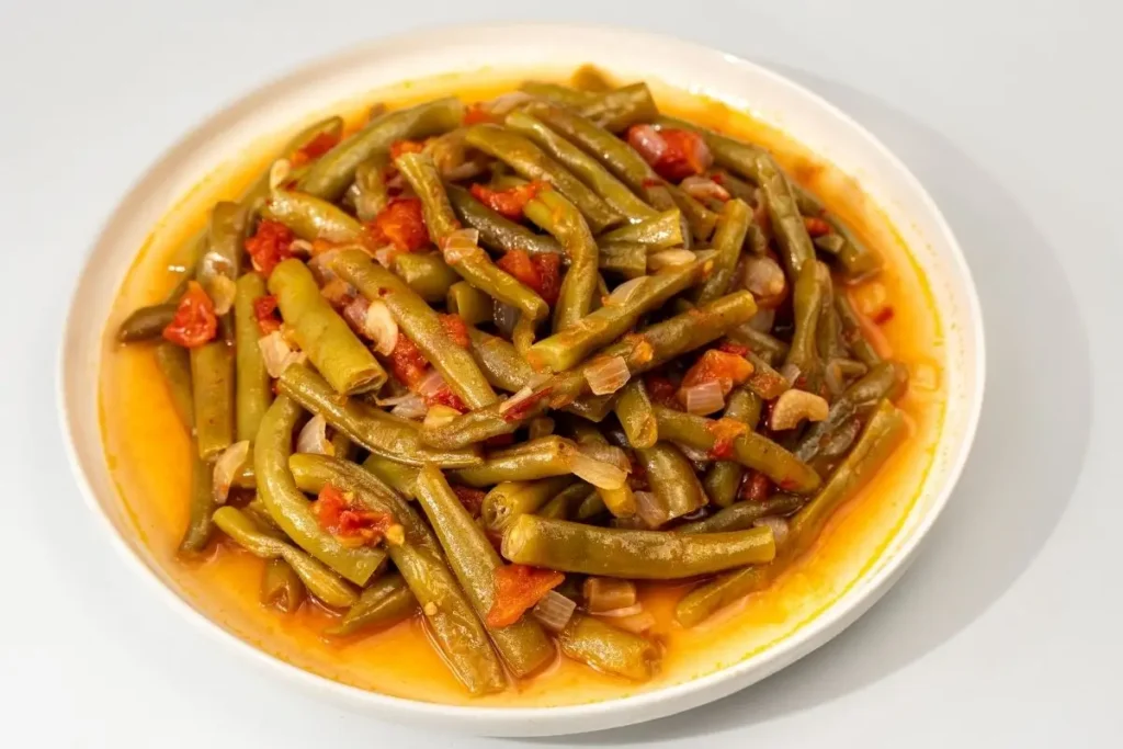 Taze Fasulye Turkish green beans served with tomato sauce on a white plate